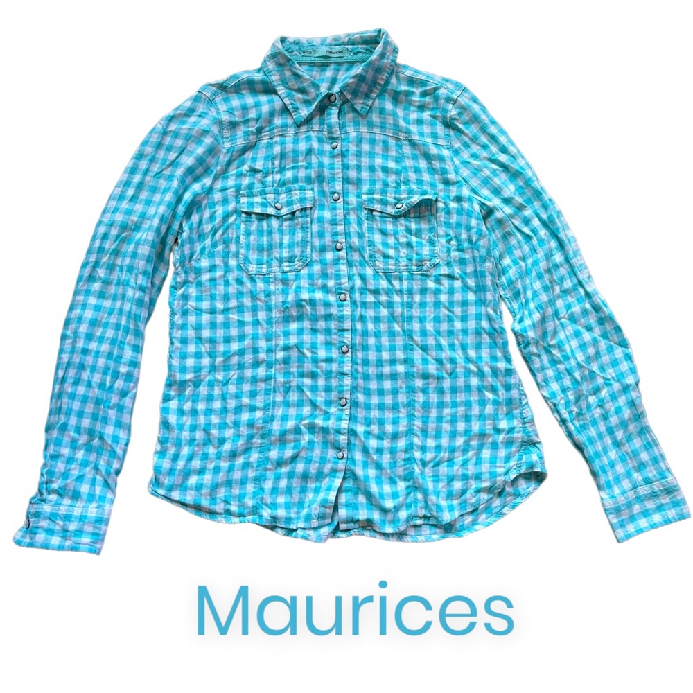 Maurices blue & white plaid button down long sleeve shirt